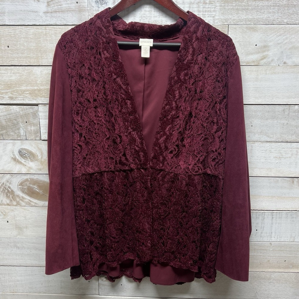 Chicos Jacket Womens Large Red Burgundy  Lace Faux Suede Peplum Waist‎ Holiday